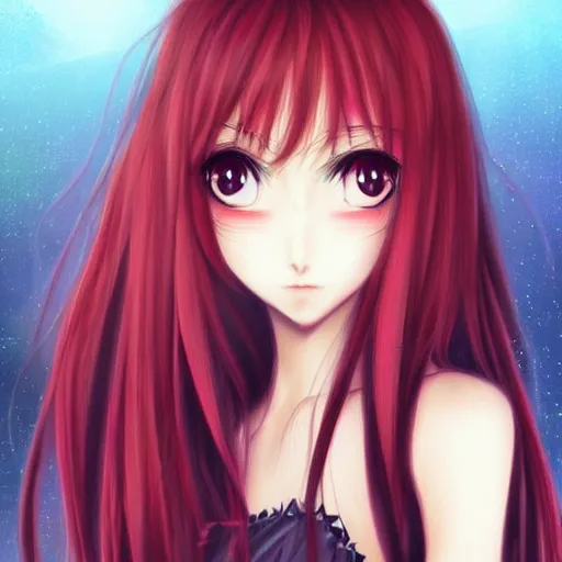 Image similar to professional anime digital art of a beatiful girl with long black hair; red eyes; face portrait; beautiful, appealing face, trending art