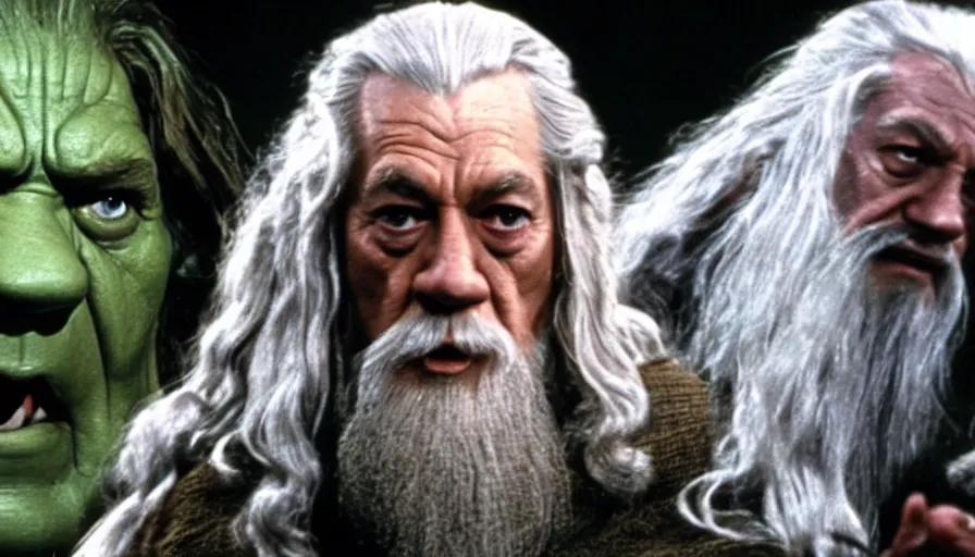 Prompt: film still of gandalf starring as the hulk, cnn news footage.