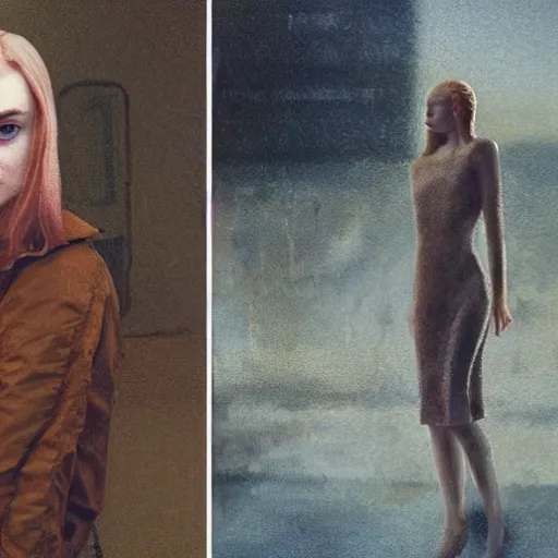 Image similar to Elle Fanning in the painted world of Bladerunner 2049, head and shoulders masterpiece, apocalypse, golden hour, cosmic horror, artstation, in the style of Andrew Wyeth and Edward Hopper and Bosch, extremely detailed