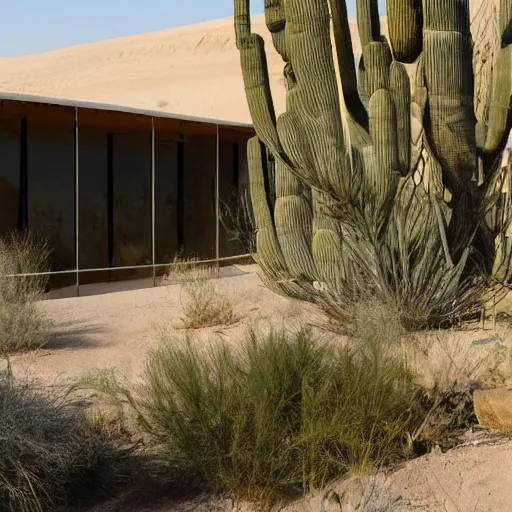 Image similar to biophilia architecture in the desert, plants, oasis