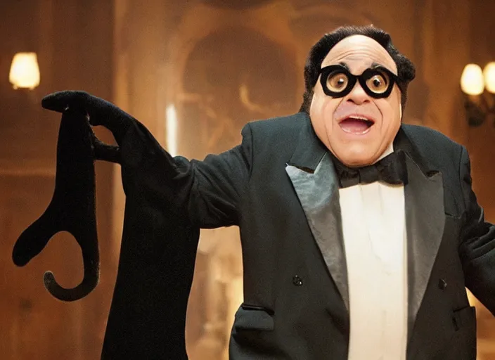 Image similar to film still of Danny Devito as Mr Mistoffelees!!! in Cats, 4k