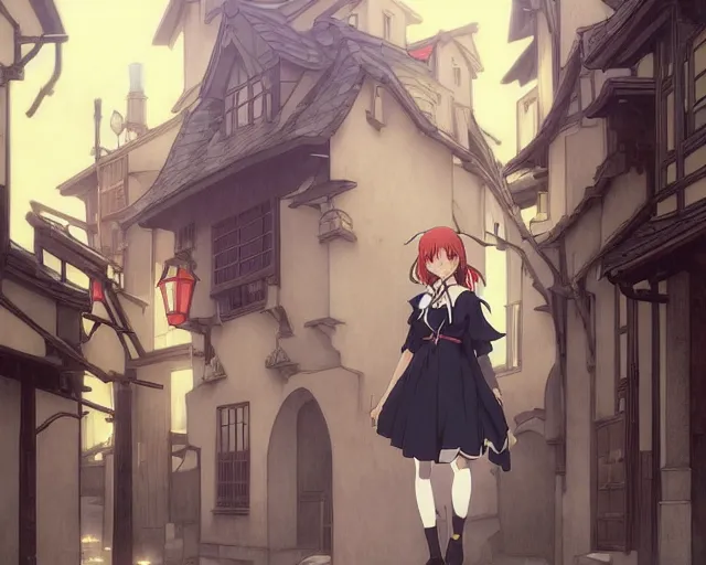 Prompt: kyoto animation, moody, key anime visual portrait of a young female witch walking through a busy medieval village, dynamic pose, dynamic perspective, cinematic, dramatic lighting, muted colors, detailed silhouette, textured, anime proportions, alphonse mucha, perfect anime face, ilya kuvshinov, yoh yoshinari, takashi murakami