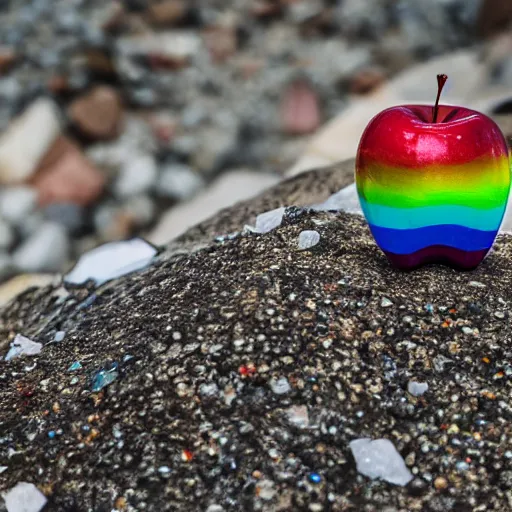 Prompt: an apple made of rainbow crystal is sitting on the peak of mount everest, clear focus, bokeh effect, high res, hasselblad, professional photo