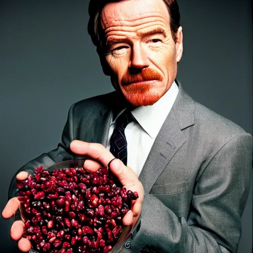 Prompt: bryan cranston's body is a bowl of cranberries with legs, long neck, body submerged in cranberries, natural light, sharp, detailed face, magazine, press, photo, steve mccurry, david lazar, canon, nikon, focus