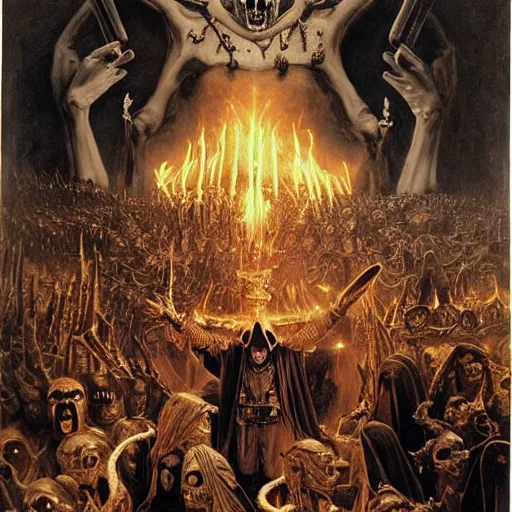 Prompt: dante's inferno, with people in black hooded tunic like in the film eyes wide shut of stanley kubrick, illuminati symbol, crows, skeletons, crosses, dark beauty, rotten gold, perfect faces, extremely detailed. highly detailed painting by gaston bussiere and j. c. leyendecker 8 k