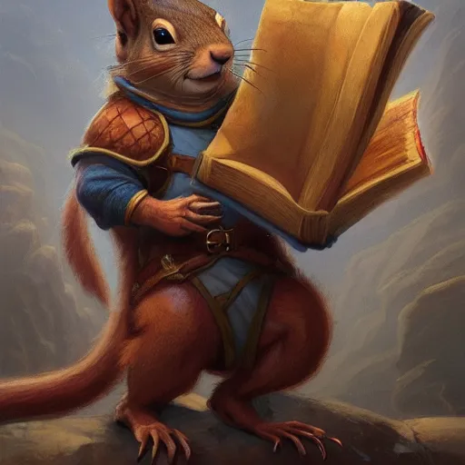 Prompt: a detailed portrait of a squirrel wizard holding an ancient book, by justin gerard and greg rutkowski, digital art, realistic painting, dnd, dungeons & dragons, character design, trending on artstation