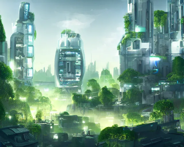 Image similar to A utopian futuristic city with green plants and flowing white buildings, brightly lit by the sun, beautiful lighting, highly detailed digital art, trending on Artstation