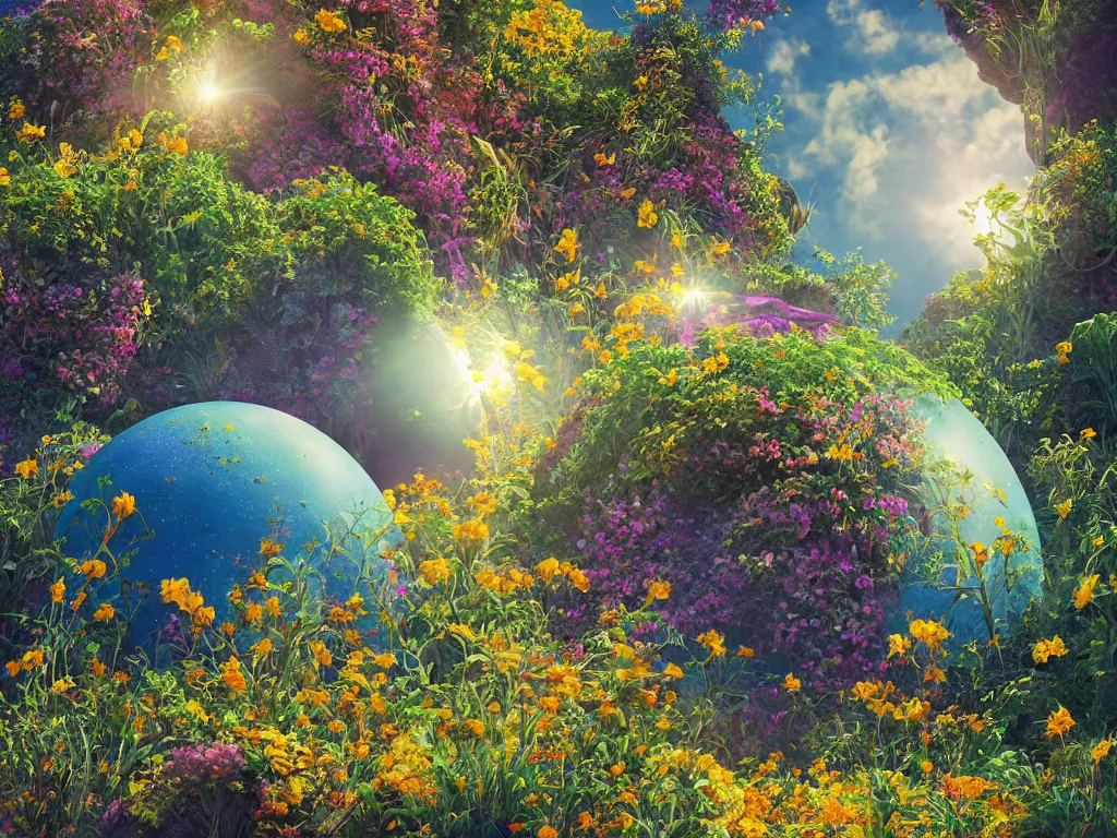 Image similar to sunlight study, the universe is a spheroid region 7 0 5 meters in diameter of kauai wildflower undergrowth, art nouveau, by hans zatzka and ( ( ( ( ( lisa frank ) ) ) ) ), 8 k, sharp focus, octane render