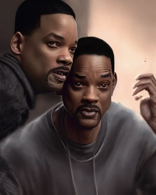 Prompt: will smith slapping chris rock, accurate details, detailed face, dramatic, intricate, elegant, highly detailed, digital painting, artstation, concept art, smooth, sharp focus, illustration, art by Gustave Dore, octane render