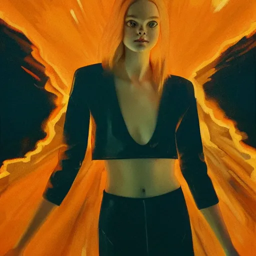 Image similar to Elle Fanning surrounded by orange napalm flames in the style of Paola Vetri, head and shoulders portrait, stormy weather, extremely detailed masterpiece, oil on canvas, low-key neon lighting, artstation, Blade Runner 2049, Roger Deakin’s cinematography, by J. C. Leyendecker and Peter Paul Rubens and Edward Hopper and Michael Sowa,