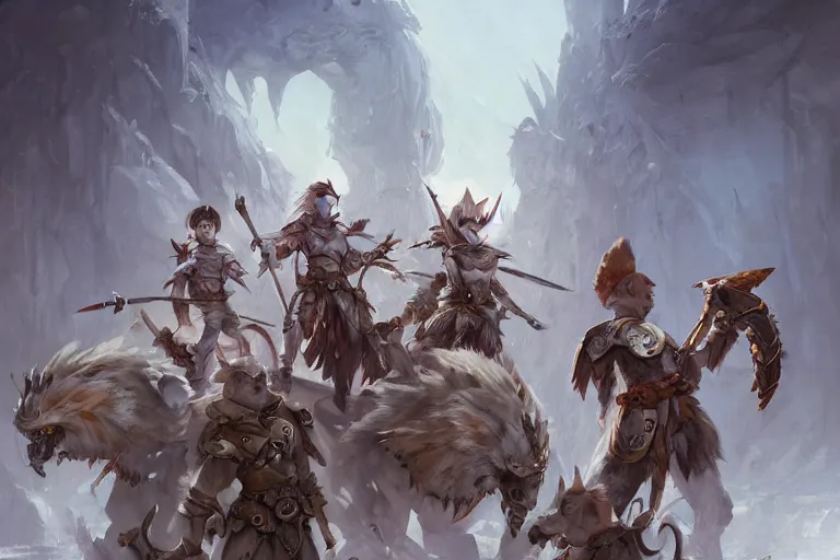 Prompt: dungeons and dragons fantasy painting, close order phalanx of mice spartans, 3 0 0, whimsical and cute, determined expressions, watery eyes, anime inspired by krentz cushart, white fur, tufty whiskers, steel blades, dawn lighting, by brain froud jessica rossier and greg rutkowski