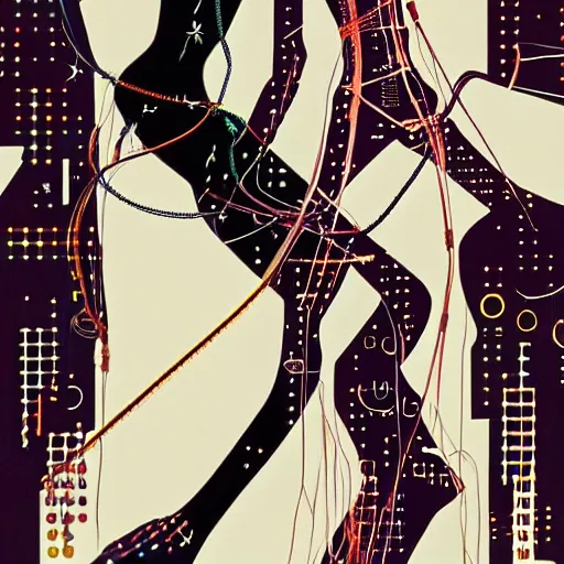 Image similar to ayatori cyberpunk, string figure, robot, lovers, illustration for dior by stina persson and yoshitaka amano