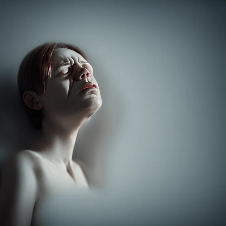 Image similar to a wonderful realistic portrait of a lonely woman who is crying, accent white lighting, dramatic light, octane render