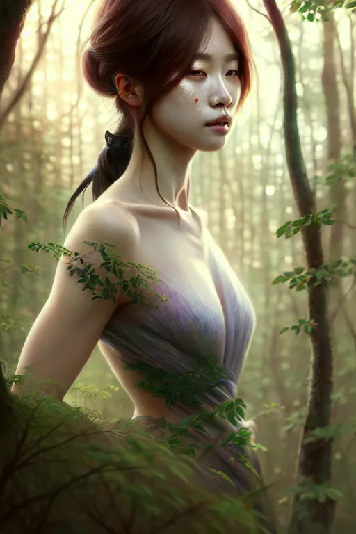 Image similar to beautiful digital painting of a hoyeon jung stylish female forest with high detail, real life skin, freckles, 8 k, stunning detail, works by artgerm, greg rutkowski and alphonse mucha, unreal engine 5, 4 k uhd