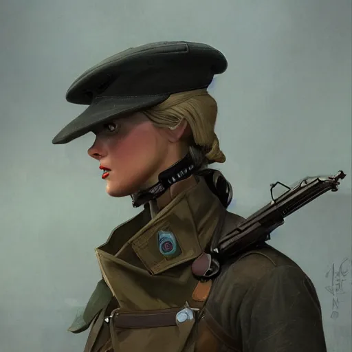 Prompt: a detailed matte painting of a cyborg velociraptor french resistance fighter wearing a beret, in nazi occupied france, 8 k, artstation, art by greg rutkowski and alphonse mucha