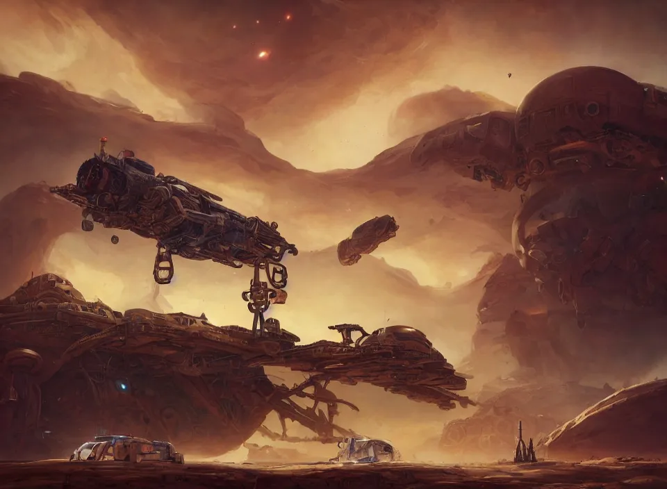 Prompt: colossal crashed dieselpunk space ship on desert planet by peter mohrbacher, firefly, unreal engine 5, extreme detail, hyper realism, realistic shading, cinematic composition, realistic render, octane render, detailed textures, photorealistic, colorful, raytracing