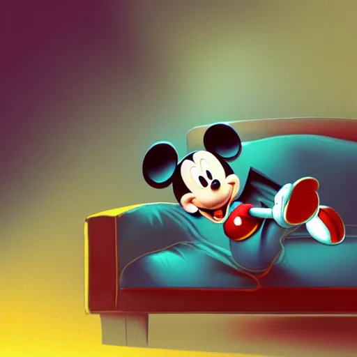 Image similar to mickey mouse holding a giant joint while sitting on a couch in a messed up apartment, red eyes, smoke, beautiful digital art, amazing detail, artstation, award winning, sharp