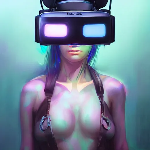 Image similar to portrait of a beautiful cybernetic raver girl wearing a oculus rift headset in a dirty japanese apartment, cyberpunk concept art by pete mohrbacher and artgerm and wlop and greg rutkowski, digital art, highly detailed, intricate, sci-fi, neon colors, sharp focus, Trending on Artstation HQ, deviantart, unreal engine 5, 4K UHD image