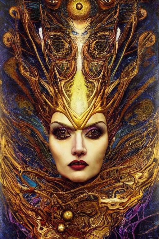 Image similar to Intermittent Chance of Chaos Muse by Karol Bak, Jean Deville, Gustav Klimt, and Vincent Van Gogh, trickster, enigma, Loki's Pet Project, destiny, Poe's Angel, Surreality, creativity, inspiration, muse, otherworldly, fractal structures, arcane, ornate gilded medieval icon, third eye, spirals