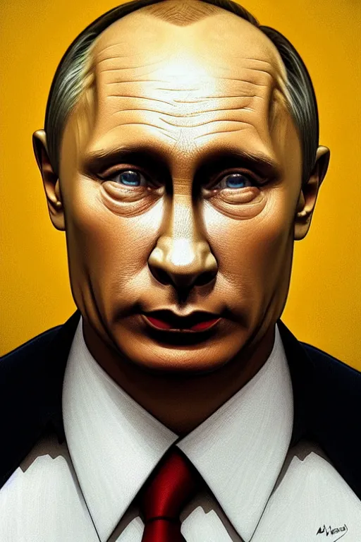 Image similar to vladimir putin as a yellow funny homer simpson, realistic portrait, symmetrical, highly detailed, digital painting, artstation, concept art, smooth, sharp focus, illustration, cinematic lighting, art by artgerm and greg rutkowski and alphonse mucha