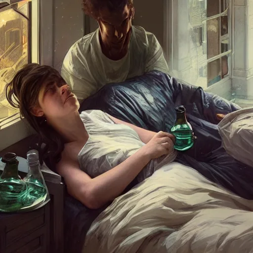 Image similar to young man in tinfoil hat and a girl sleeping in bed close to guinness bottles highly detailed, digital painting, artstation, concept art, smooth, sharp focus, illustration, art by artgerm and greg rutkowski and alphonse mucha