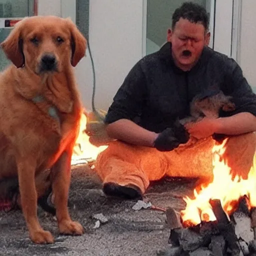 Image similar to dog / human hybrid starts a fire