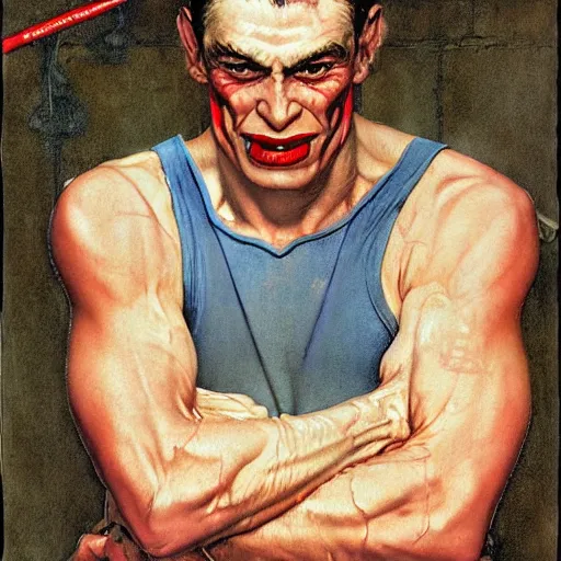 Prompt: Sad, muscular vampire with icy blue eyes, by Norman Rockwell and Robert McGinnis.