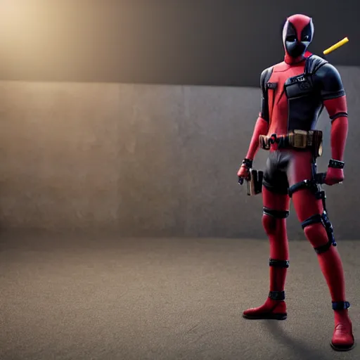 Image similar to full body pose, hyperrealistic photograph of deadpool, dim volumetric lighting, 8 k, octane beautifully detailed render, extremely hyper detailed, intricate, epic composition, cinematic lighting, masterpiece, trending on artstation, very very detailed, stunning, hdr, smooth, sharp focus, high resolution, award, winning photo, dslr, 5 0 mm