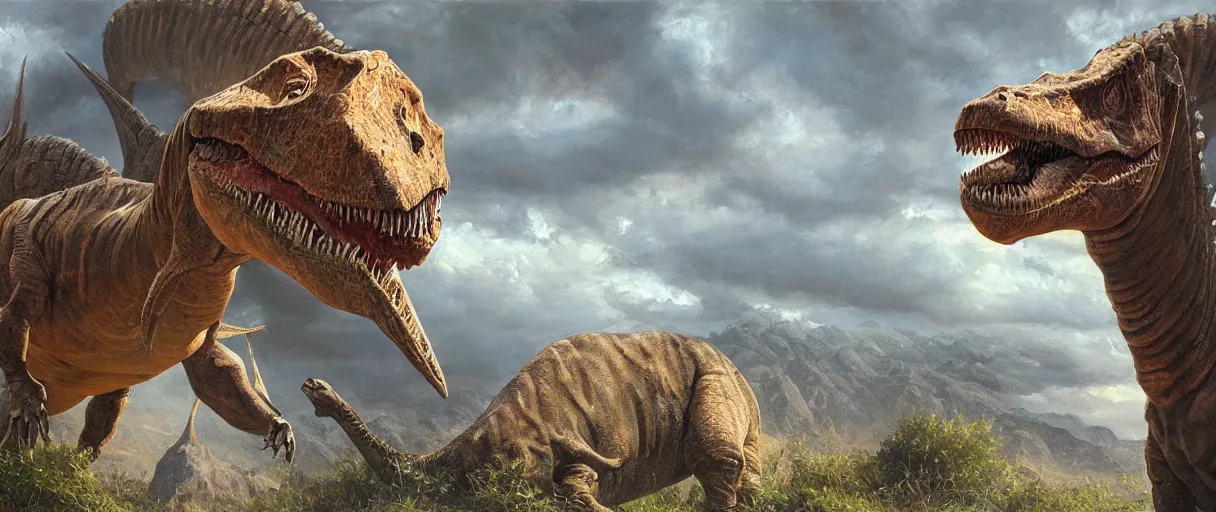 Prompt: oil painting of a dinosaur on canvas, by James gurney, realism, warm lighting, award winning, high detail, professional, volumetric lighting