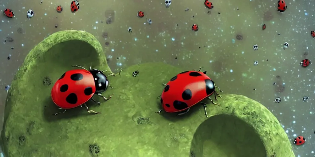 Image similar to a 3 d rendered movie still a ladybug descendant 1 million into the future. the ladybug is sentient, wears a spacesuit, and explores cosmos in a super awesome space ship. science fiction blockbuster movie ladybugs rule the world or my stepmom is a ladybug from the future, imax 7 0 mm. 2 0 0 1 a space odyssey ( film )