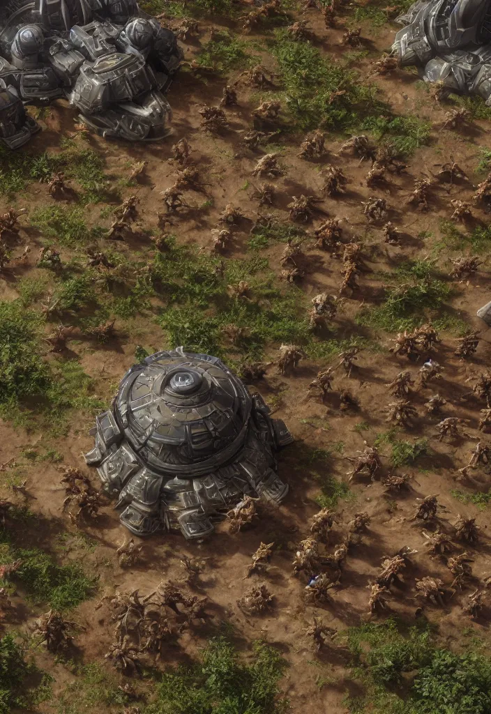 Prompt: zerg base with units zerglings ultralisk roach, giga tank, marines, rts units, mech titan units, desert planet, realistic, soft natural volumetric lighting, beautifully detailed 4 k octane render, 4 k post processing 8 k, starcraft 2