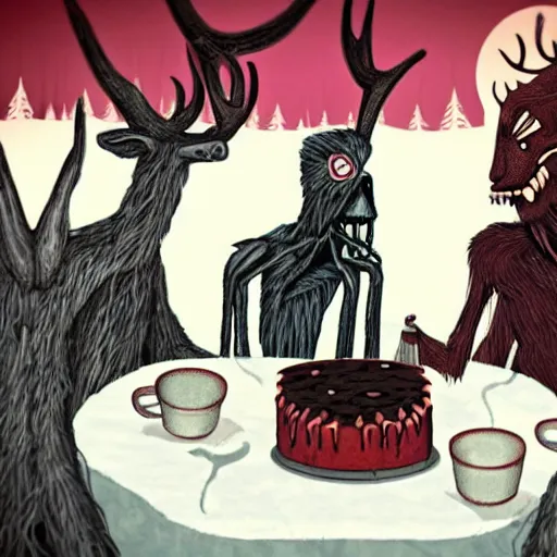 Prompt: a photograph of a Wendigo having a tea party