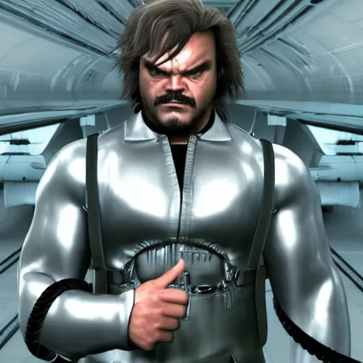 Image similar to Jack Black as a Metal Gear Solid Villain 2005 JRPG cinema 4d render, Ray tracing reflection, natural lighting, Unreal Engine award winning photography