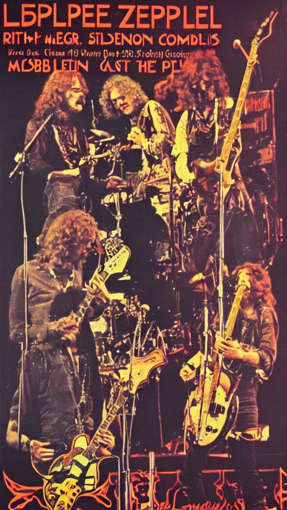 Image similar to Led Zeppelin concert poster circa 1974, Madison Square Garden, colorized, Robert plant, Jimmy Page, guitars, drum kit