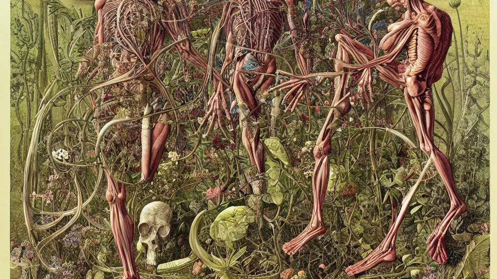 Prompt: highly detailed illustration of a single human anatomy body surrounded by all the known species of plants and flowers by juan gatti, by moebius!, by leonardo da vinci!!, by oliver vernon