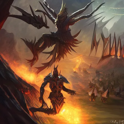 Prompt: magic the gathering illustration of a battle scene between angles, intricate, wild, highly detailed, digital painting, artstation, upper body, concept art, smooth, sharp focus, illustration, art by ben maier