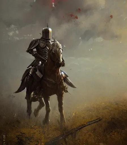 Prompt: a beautiful ultra realistic impressionist oil painting of an exhausted knight in worn armor , on the battlefield surrounded by carnage, by Greg Rutkowski, triadic color scheme, 4K
