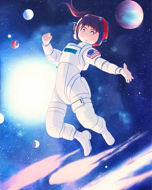 Image similar to oriental water color of a cute thicc female astronaut, floating through space, backlit, by makoto shinkai