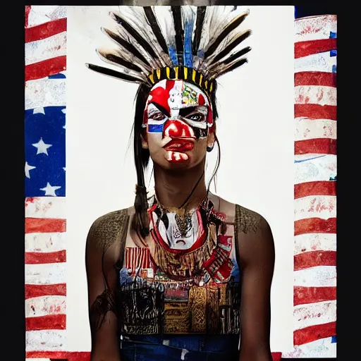 Image similar to a beautiful portrait sculpture designed by Sandra Chevrier, tribal head dress, American stars and stripes on face, by Annie Leibovitz