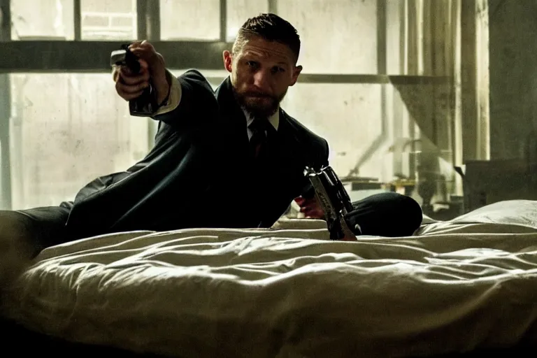 Prompt: film still of Tom Hardy as Max Payne in bedroom with a bed with bloody sheets in the Max Payne movie, 4k