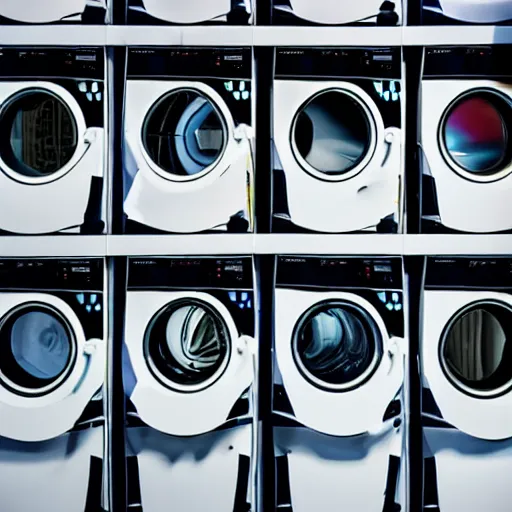 Image similar to a row of technocolored washing machines