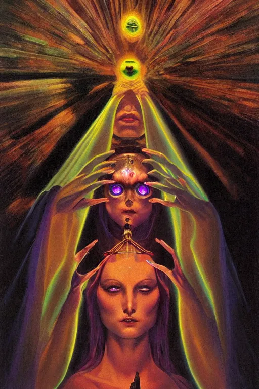 Prompt: gorgeous robed cult girl performing realism third eye ritual, dark theme night time, expanding electric energy waves into the ethereal realm, epic surrealism 8k oil painting, portrait, perspective, high definition, post modernist layering, by Ernst Fuchs, Gerald Brom