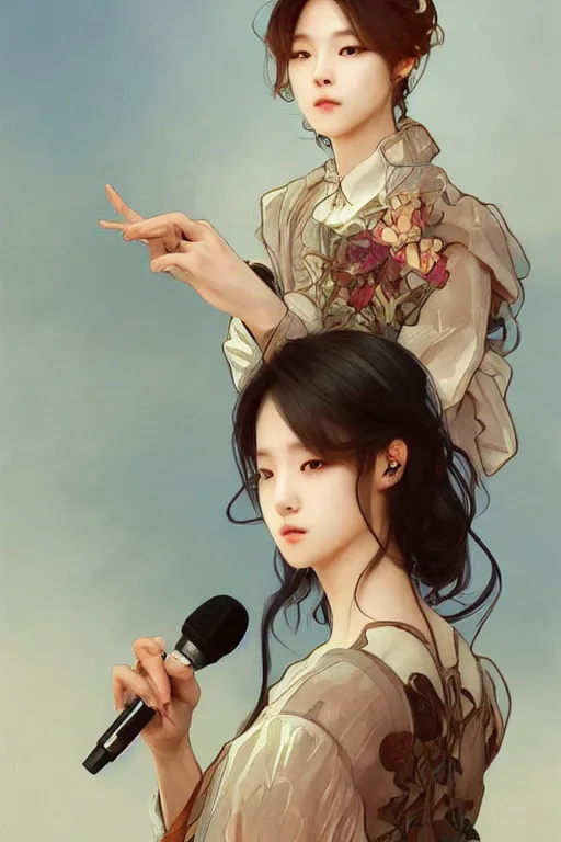 Image similar to beautiful cottagecore bts k-pop band holding a microphone. intricate, elegant. highly detailed, digital painting, artstation, concept art, smooth, sharp, focus, illustration. . art by artgerm and greg rutkowski and alphonse mucha