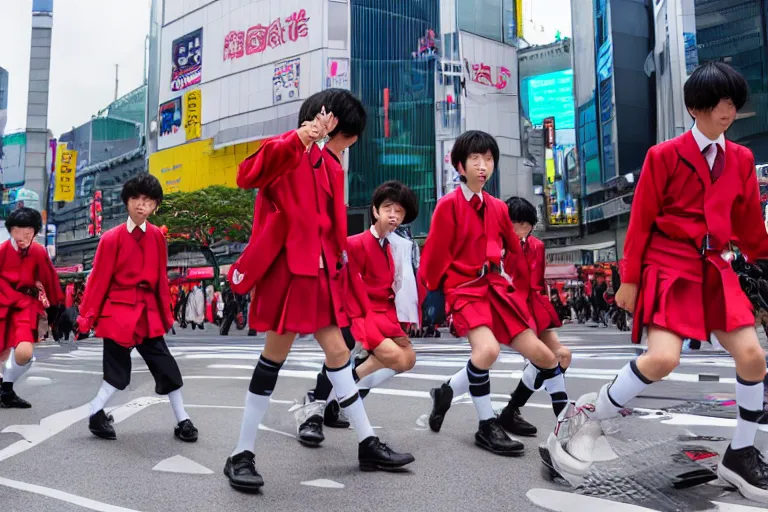 Image similar to japanese middle school boys wearing school uniforms at shibuya crossing, red weapon 8 k s 3 5, cooke anamorphic / i lenses, highly detailed, cinematic lighting