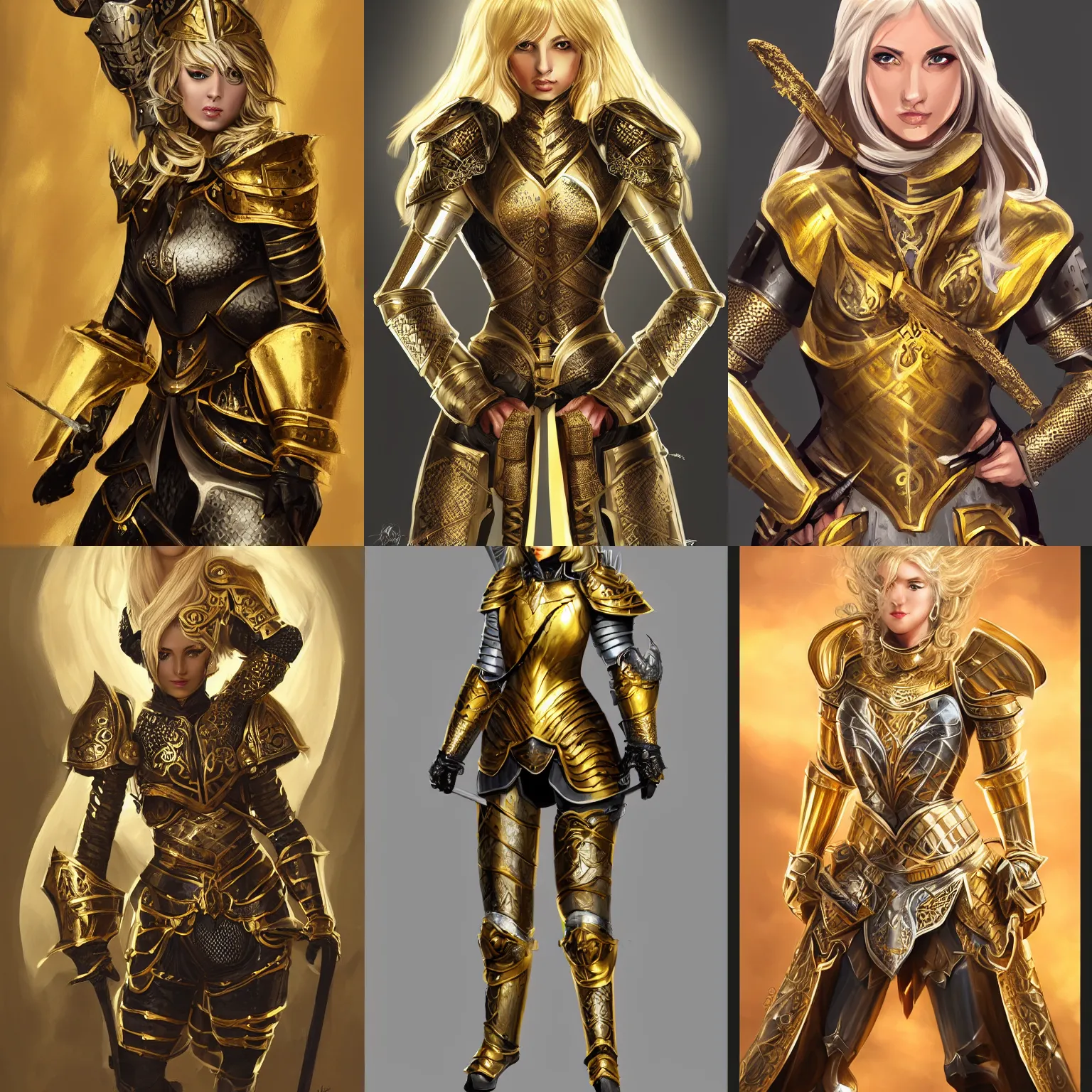 Prompt: Gorgeous Blond Lady Knight in an ornamental Gold and Black armor, fantasy, trending on Artstation, trending on Deviantart, artstationHQ, artstationHD, full color