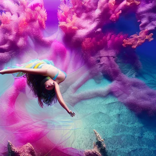 Image similar to woman dancing underwater wearing a flowing dress made of blue, magenta, and yellow seaweed, delicate coral sea bottom, swirling silver fish, swirling smoke shapes, octane render, caustics lighting from above, cinematic