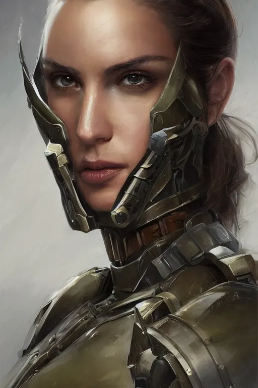 Prompt: a professional portrait of an attractive young woman, clothed in military-style battle armor, olive skin, long dark hair, beautiful bone structure, symmetrical facial features, intricate, elegant, digital painting, trending on Artstation, concept art, smooth, sharp focus, illustration, finely detailed, from Metal Gear by Ruan Jia and Mandy Jurgens and Artgerm and William-Adolphe Bouguerea, award winning