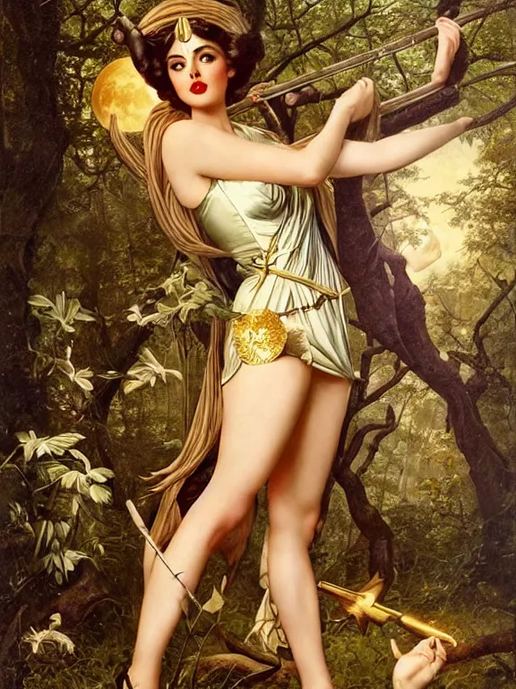 Image similar to Ana de armas as Artemis the Greek goddess of the hunt, a beautiful art nouveau portrait by Gil elvgren, Moonlit forest environment, centered composition, defined features, golden ratio, golden jewelry, sheer, unarmed
