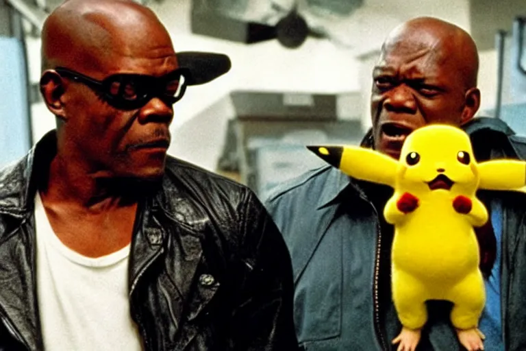 Image similar to Samuel L. Jackson plays Terminator and saves pikachu, scene from the film