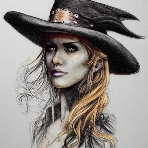 Image similar to beautiful cowboy witch, wild west, detailed, concept art, colored pencil drawing, trending on artstation